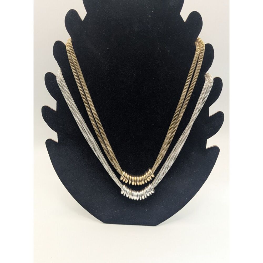 Vintage 80s Multi Strand Serpentine Mesh Sliding Ring Collar Necklace Set 16/18"